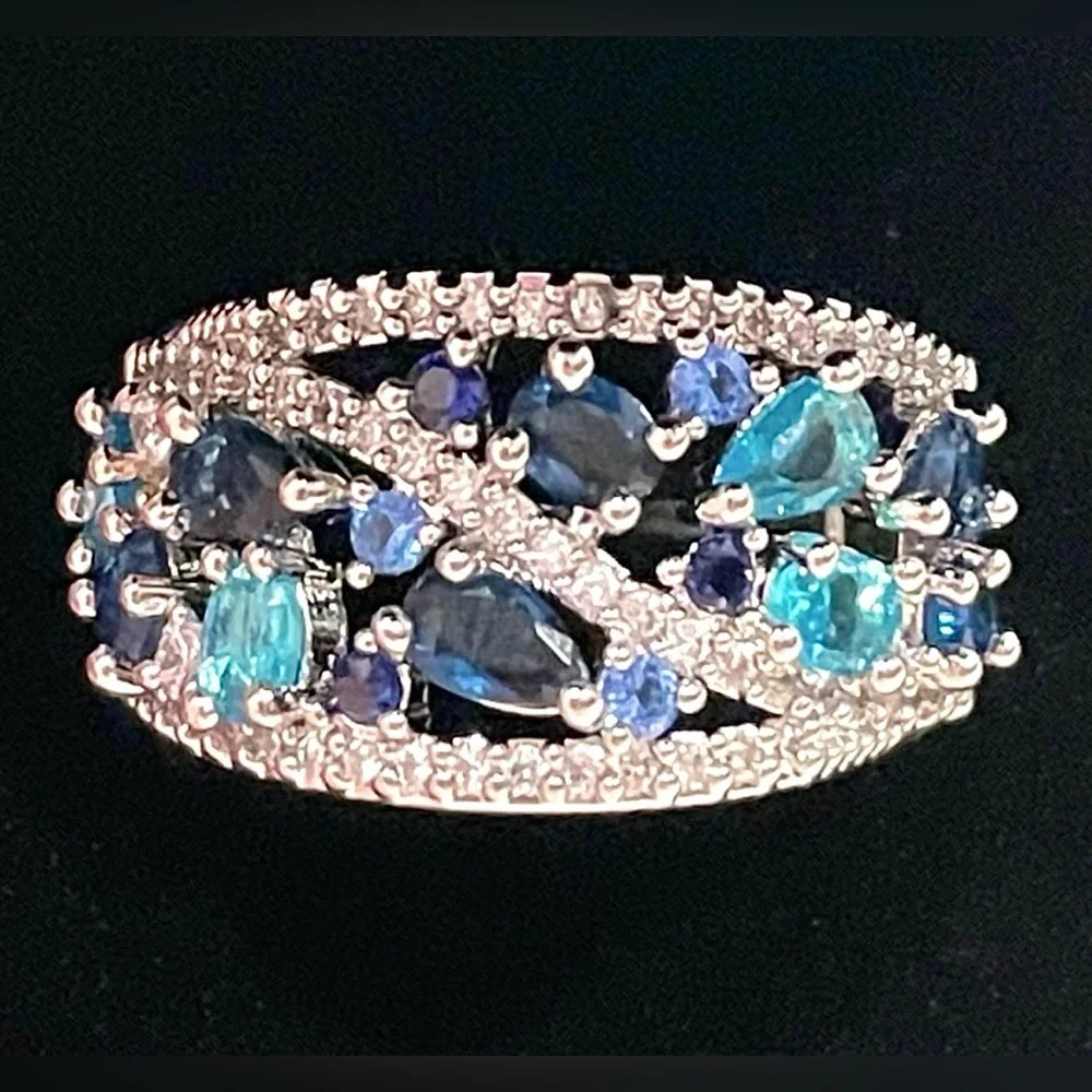 NEW Silvertone & Lab-Created Blue Topaz and Sapphire Multilayer Ring | Sz 6